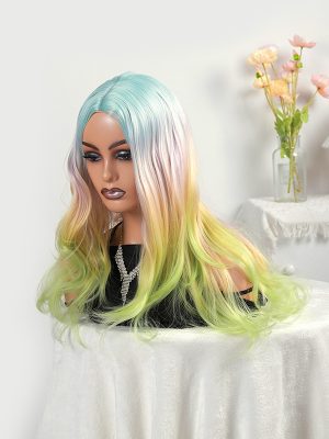 W0046 Brown chemical fiber wig long lace  Blue green pink colored lace long curly wig