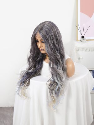 w0018Grey white long curled lace wig contains blue and yellow